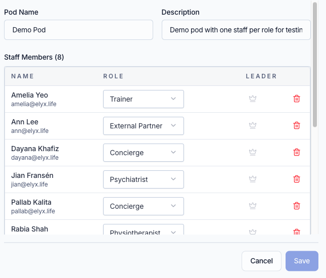 Care Pods — team assignment and role management